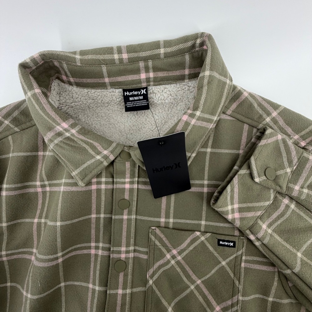Hurley Sherpa Lined Plaid Flannel Shirt Jacket Green Pink‎ Mens M